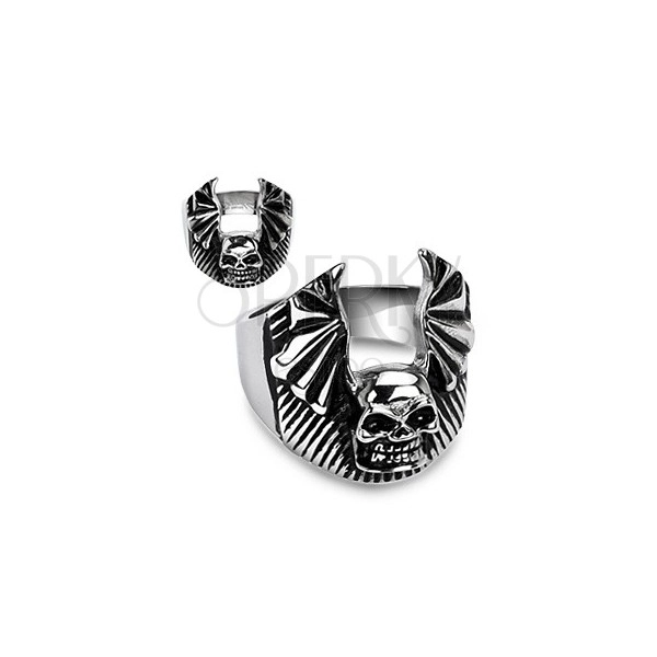 Stainless steel ring - skull with bat wings