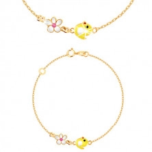 Yellow 9K gold bracelet - chick with a yellow glaze, flower with a white glaze 