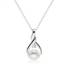925 silver necklace - contour of twisted tear with a white pearl and a clear zircon in the center