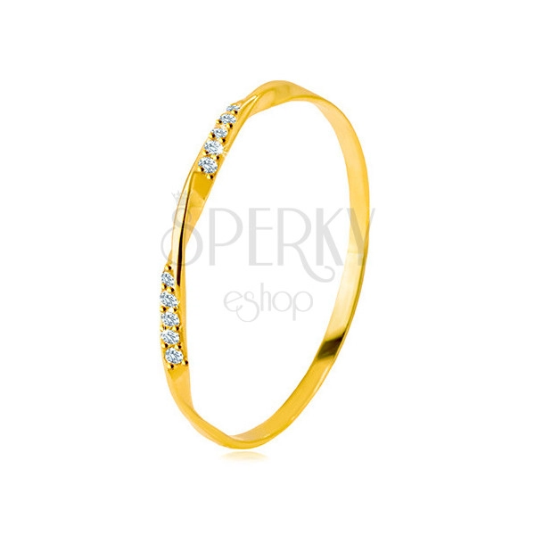 585 gold ring - smooth wavy line adorned with glittery zircons of clear colour