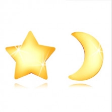585 gold earrings - contour of glossy moon and symmetric star, studs