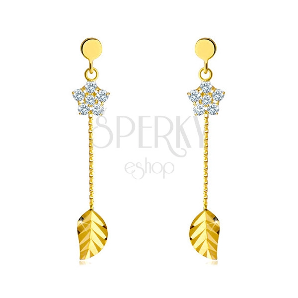 Hanging 14K gold earrings - clear zircon flower with petals and glittery leaf