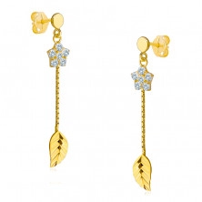 Hanging 14K gold earrings - clear zircon flower with petals and glittery leaf