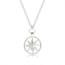 925 silver necklace - motif of compass placed inside of carved contour of circle 