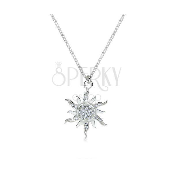 925 silver necklace - glittery zircon sun with wavy sunrays