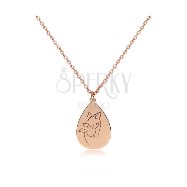 925 silver necklace of copper colour - glossy tear with a picture of red deer 