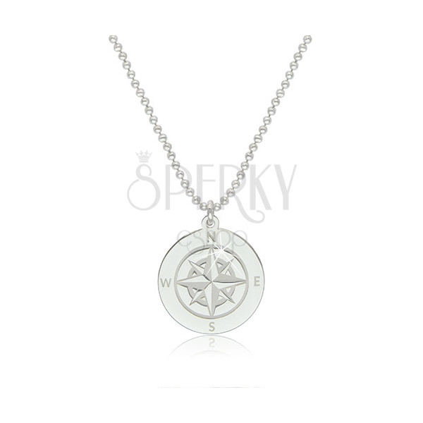 925 silver necklace - circle contour with compass and cardinal points placed within