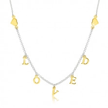 925 silver necklace - glossy hearts and inscription "LOVED" of gold hue