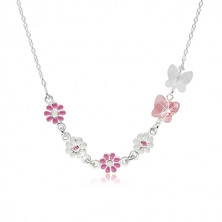 925 silver necklace for children - flowers with a pink and white glaze, butterflies made of synthetic crystals