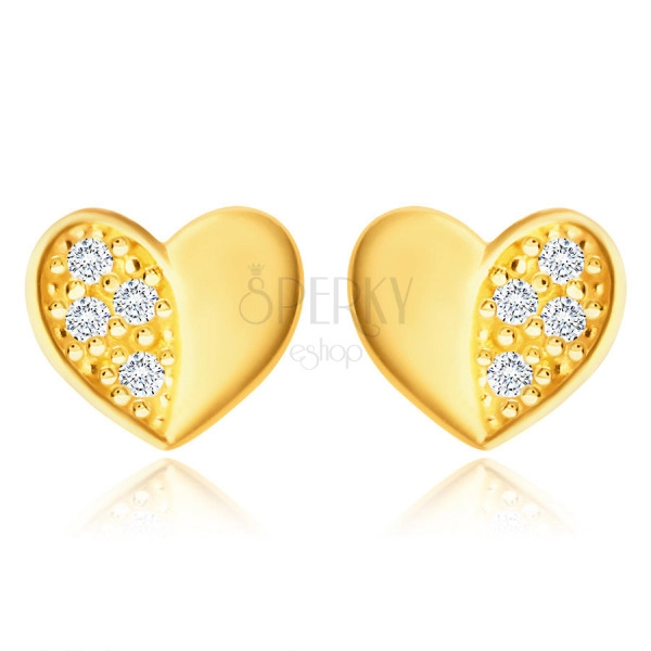 14K gold earrings - symmetric heart with a glossy and zircon half