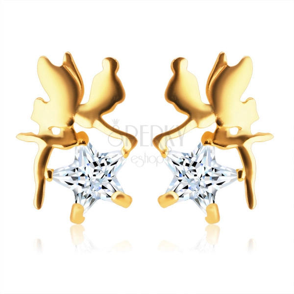 585 gold earrings - forest fairy with wings and a clear star