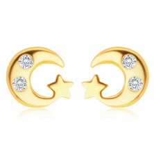 Yellow 585 gold earrings - glossy moon with two zircons and a star