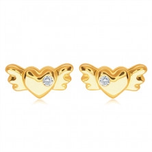 14K gold studs - full symmetric heart with wings and a clear zircon
