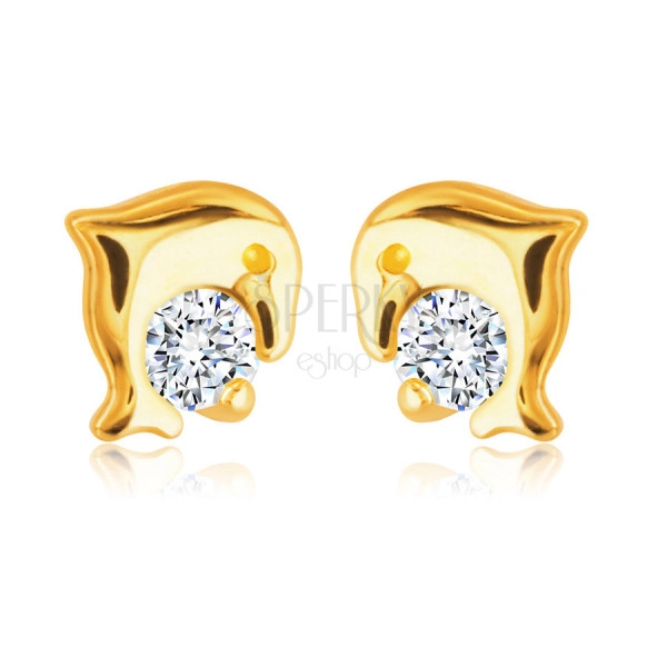14K gold earrings - jumping dolphin with round clear zircon