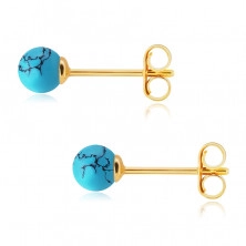 Yellow 14K gold earrings - ball made of turquoise stone with a smooth finish