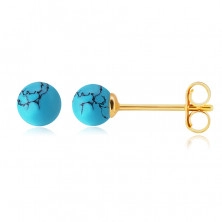 Yellow 14K gold earrings - ball made of turquoise stone with a smooth finish