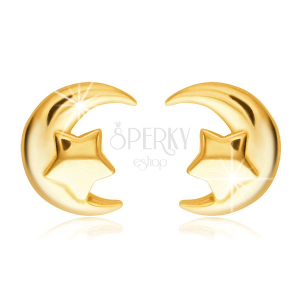 585 Golden stud earrings – crescent-shaped with a pentacle star