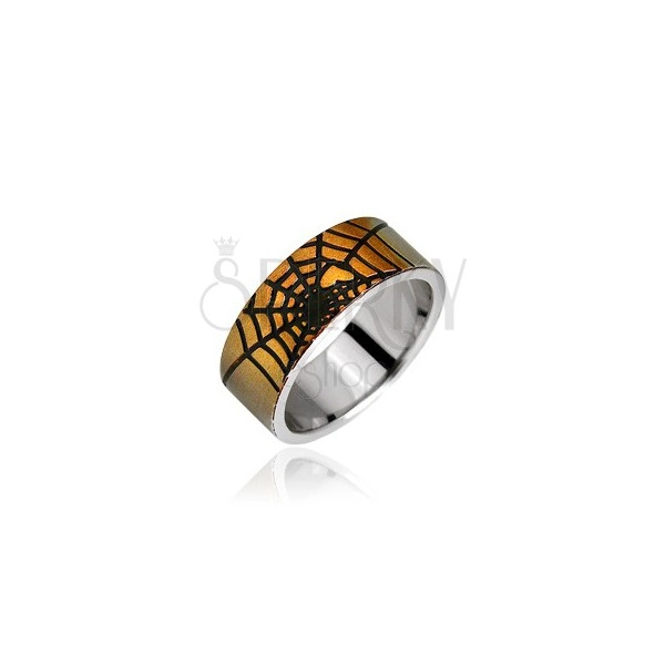 Surgical steel ring - golden spider web and heart