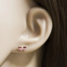 9K Gold earrings – dragonfly silhouette and pink glaze