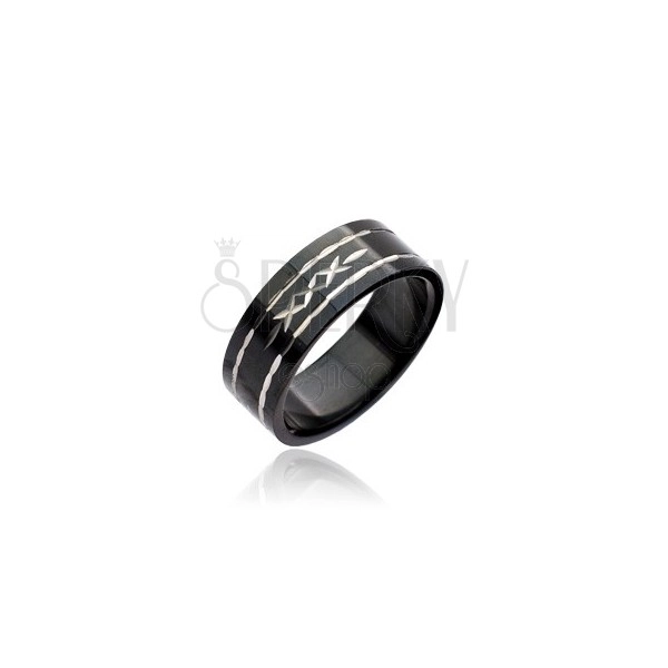 Black stainless steel ring - engraved cross pattern