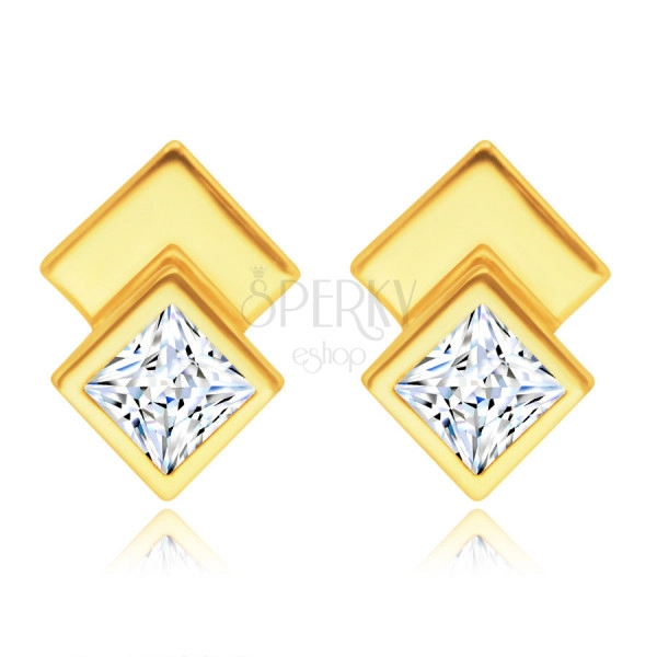585 Yellow gold stud earrings – two squares, glittery clear zircon