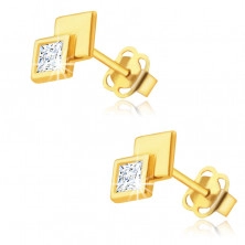 585 Yellow gold stud earrings – two squares, glittery clear zircon