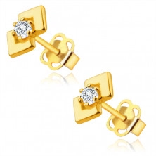 585 Yellow gold earrings – round clear zircon, two glossy triangles