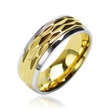 Stainless steel ring - wavy pattern in gold colour