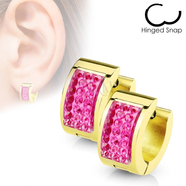 Round steel earrings in a gold coloured shade – glittery zircons, glossy surface