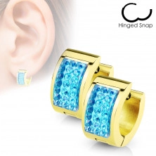 Round steel earrings in a gold coloured shade – glittery zircons, glossy surface