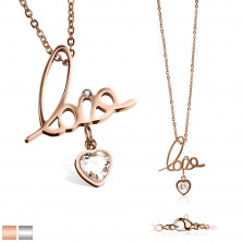 Steel chain – pendant with a writing “love”, decorative heart with a glittery clear zircon