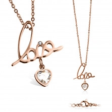 Steel chain – pendant with a writing “love”, decorative heart with a glittery clear zircon