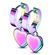 Round earrings made of steel – heart pendant, smooth finish