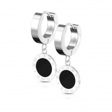 Round steel earrings – a circle with smooth black glaze, a line with Roman numerals