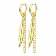 Round steel earrings – with a pendant in the shape of a feather with a short chain