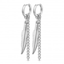 Round steel earrings – with a pendant in the shape of a feather with a short chain