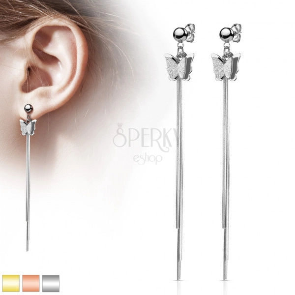 Steel earrings with butterfly – adorned with three smooth chains and a glossy bead