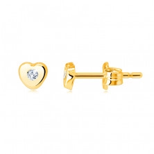 Earrings made of 14K yellow gold – small heart with clear zircon, studs
