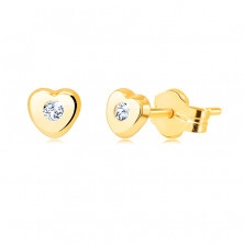 Earrings made of 14K yellow gold – small heart with clear zircon, studs
