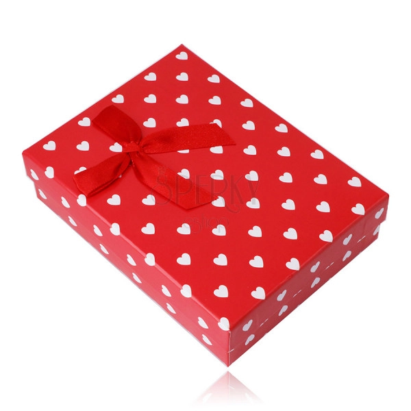 Red gift box for a set or a necklace – white hearts, decorative bow