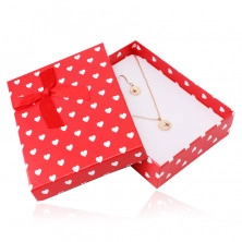 Red gift box for a set or a necklace – white hearts, decorative bow