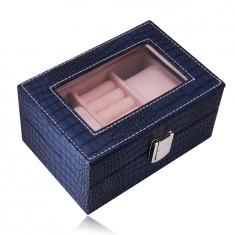 Rectangle-shaped jewellery box in a dark-blue colour – imitation crocodile leather, buckle