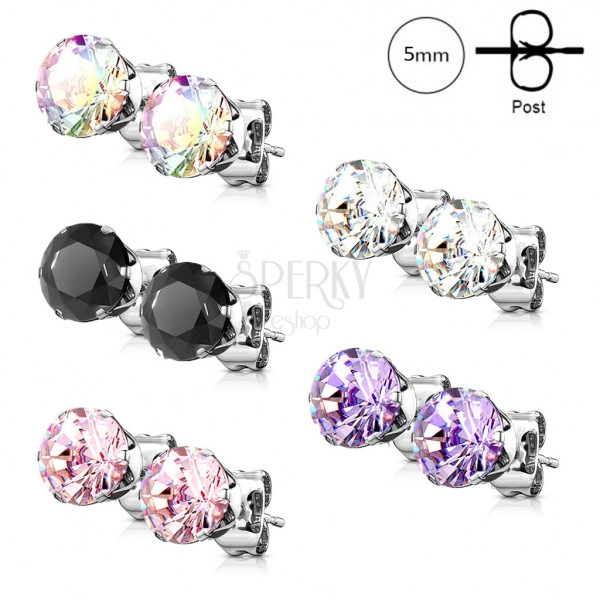 Earrings set made of stainless steel – five pairs in a silver colour, round zircon, 5mm