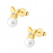 375 Golden earrings – small butterfly with a round zircon, white pearl, studs