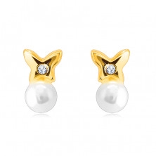 375 Golden earrings – small butterfly with a round zircon, white pearl, studs