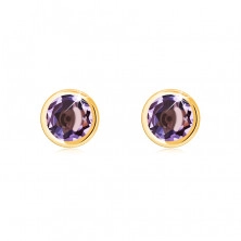 Earring made of 14K yellow gold – natural amethyst in a round bezel, shiny finish
