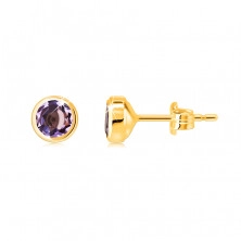 Earring made of 14K yellow gold – natural amethyst in a round bezel, shiny finish