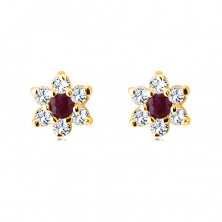 Earrings made of 9K yellow gold – flower with ruby, petals with clear zircon, studs