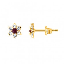 Earrings made of 9K yellow gold – flower with ruby, petals with clear zircon, studs