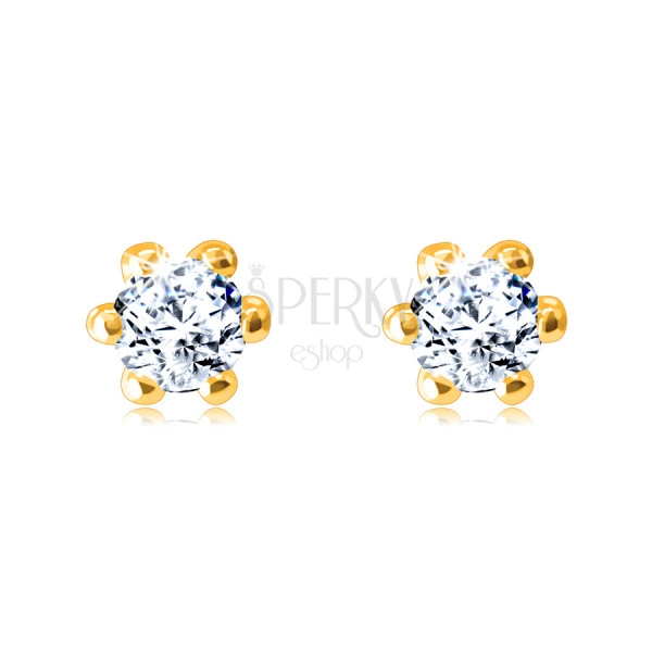 Earrings made of 14K yellow gold – glittery round zircon, outlined with glossy prongs